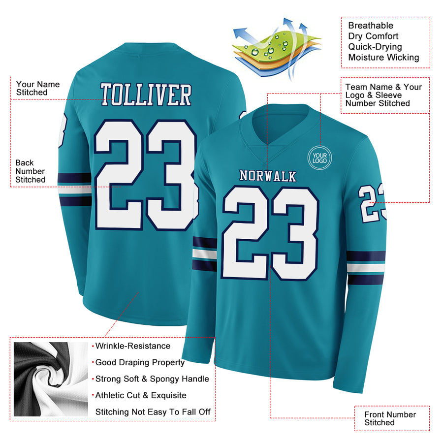 Custom Teal White-Navy Long Sleeve Authentic Football Jersey
