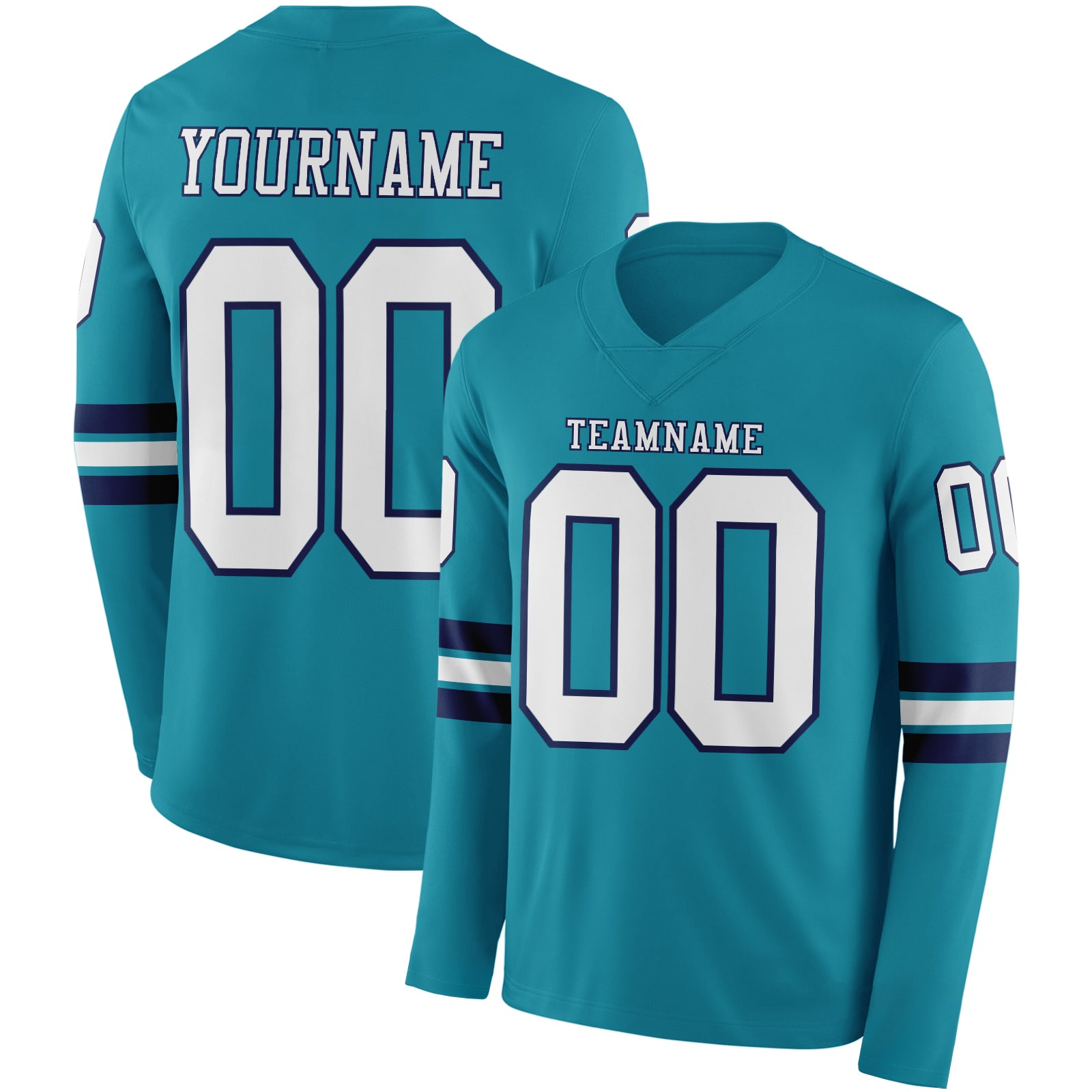 Custom Teal White-Navy Long Sleeve Authentic Football Jersey
