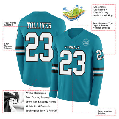 Custom Teal White-Black Long Sleeve Authentic Football Jersey