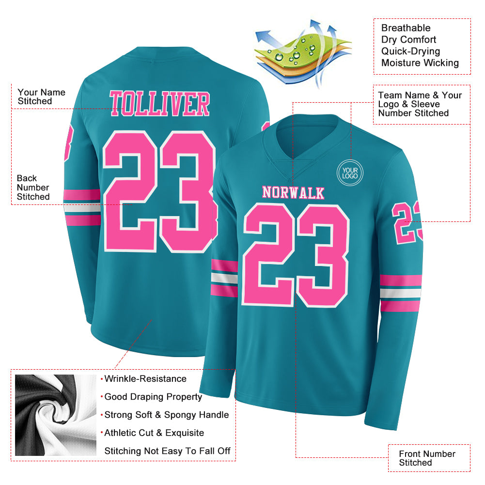Custom Teal Pink-White Long Sleeve Authentic Football Jersey