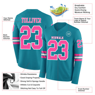 Custom Teal Pink-White Long Sleeve Authentic Football Jersey