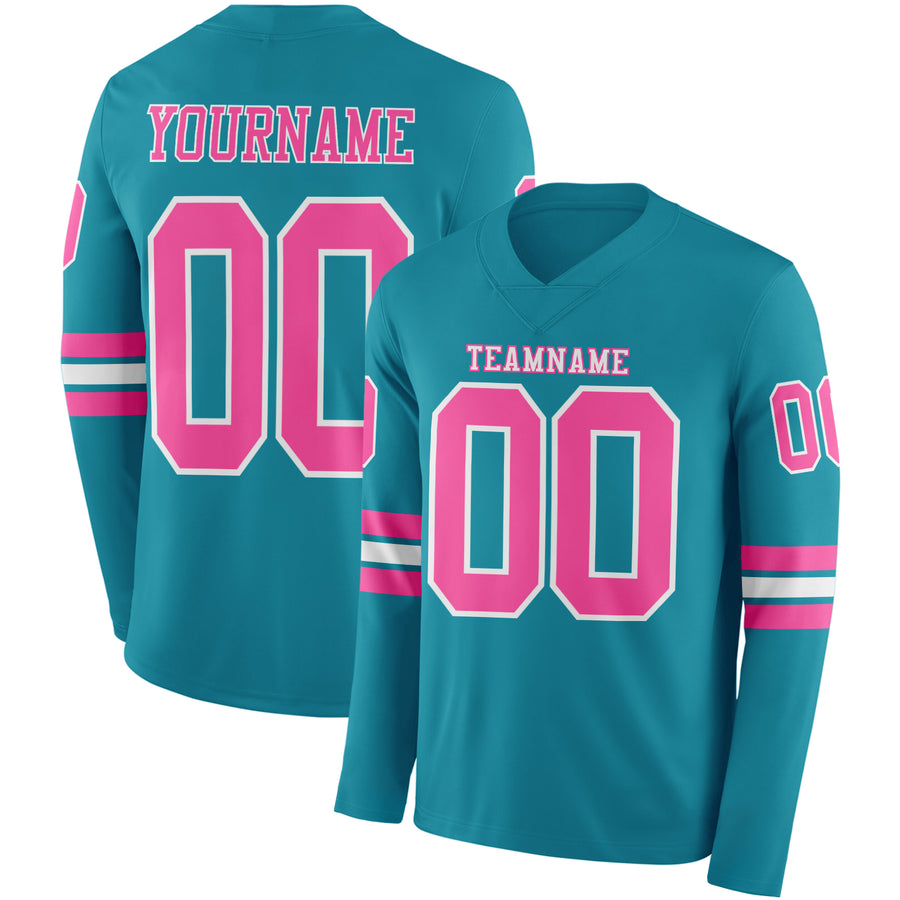 Custom Teal Pink-White Long Sleeve Authentic Football Jersey