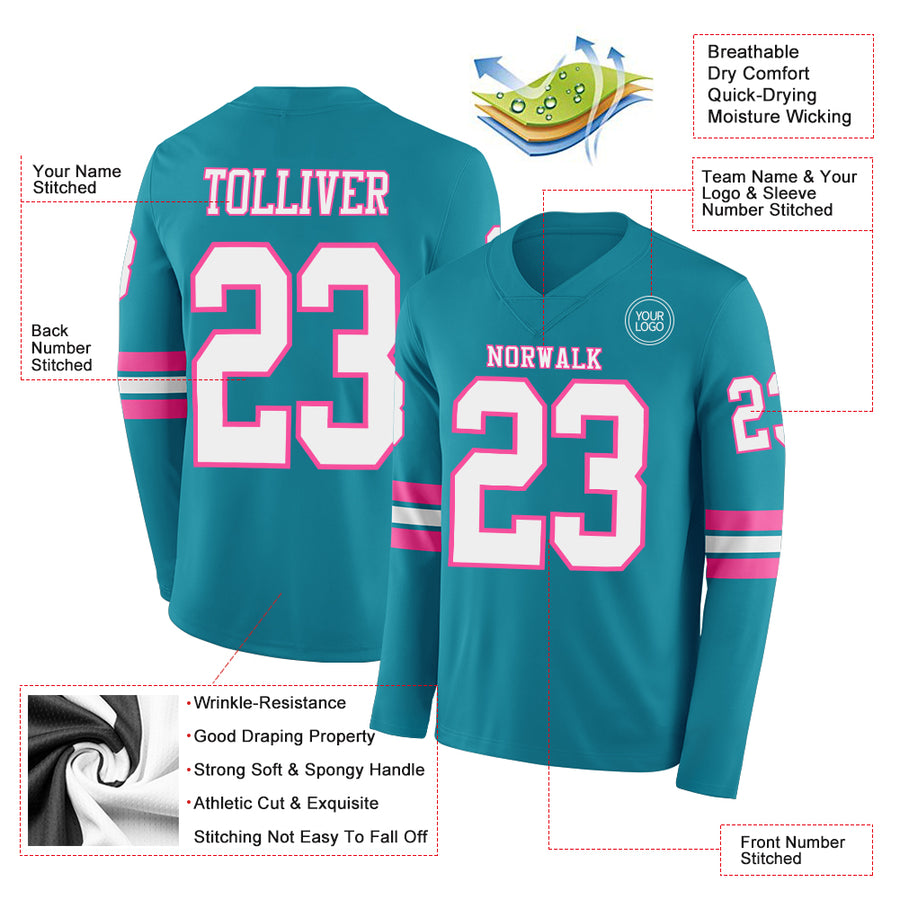 Custom Teal White-Pink Long Sleeve Authentic Football Jersey