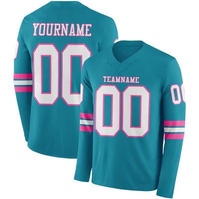 Custom Teal White-Pink Long Sleeve Authentic Football Jersey
