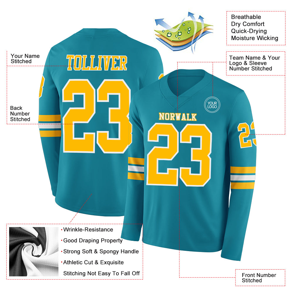 Custom Teal Gold-White Long Sleeve Authentic Football Jersey