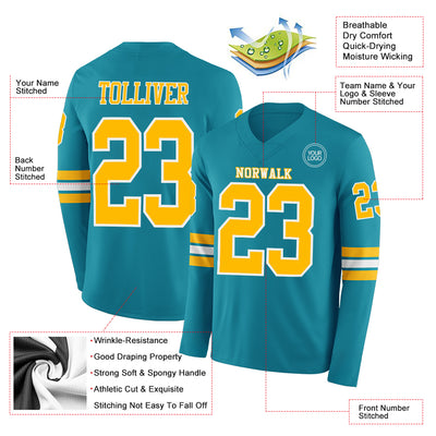 Custom Teal Gold-White Long Sleeve Authentic Football Jersey