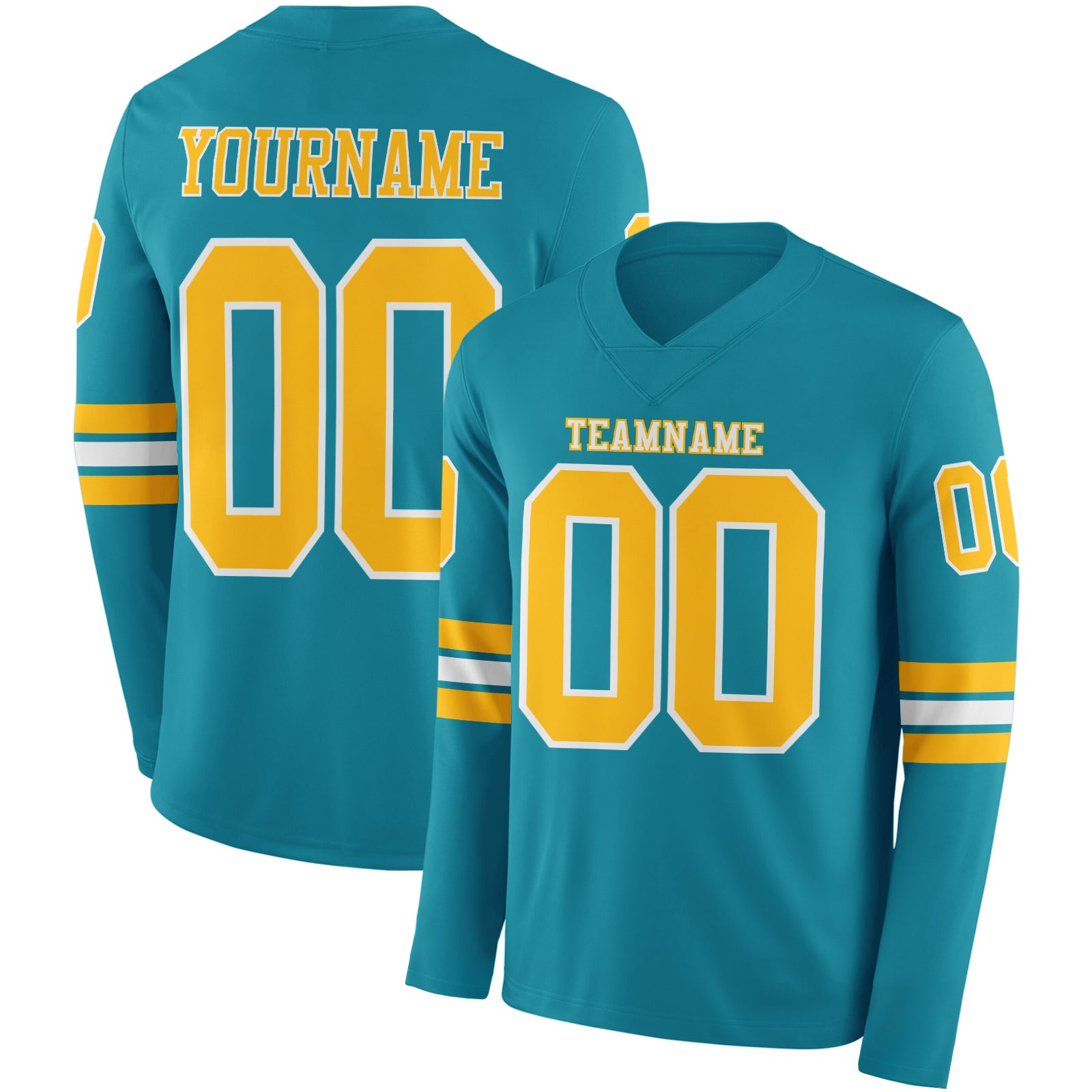 Custom Teal Gold-White Long Sleeve Authentic Football Jersey
