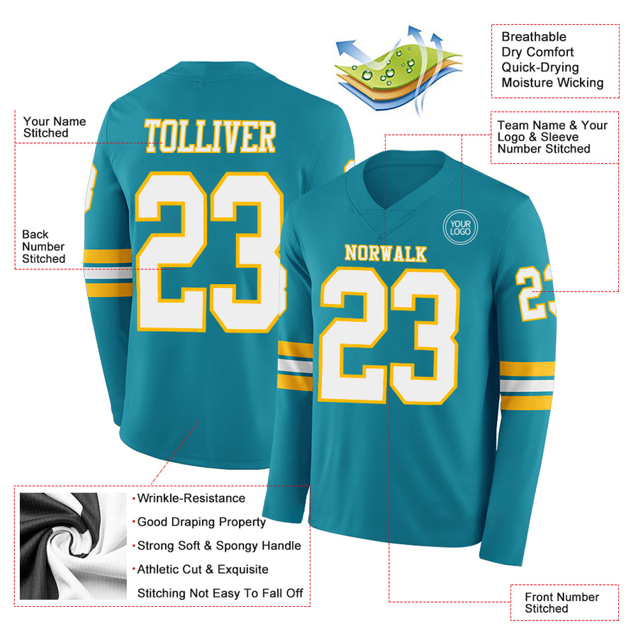 Custom Teal White-Gold Long Sleeve Authentic Football Jersey