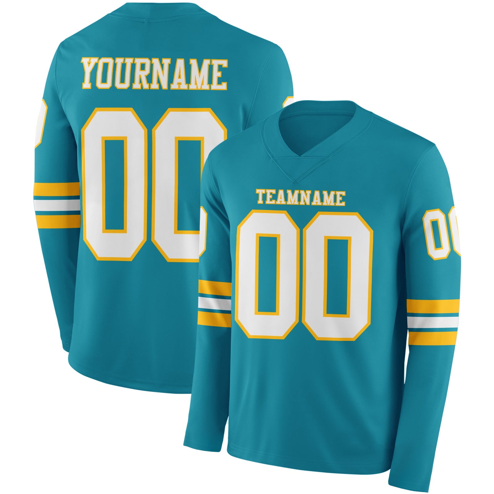 Custom Teal White-Gold Long Sleeve Authentic Football Jersey