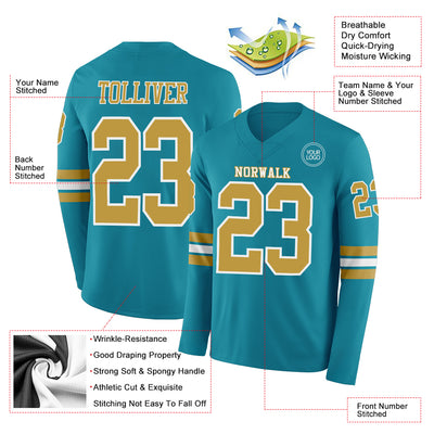 Custom Teal Old Gold-White Long Sleeve Authentic Football Jersey