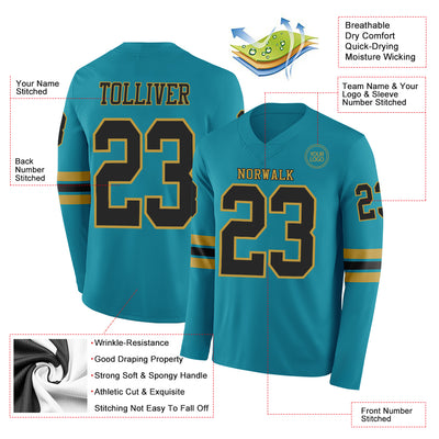 Custom Teal Black-Old Gold Long Sleeve Authentic Football Jersey