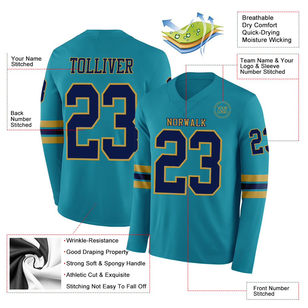 Custom Teal Navy-Old Gold Long Sleeve Authentic Football Jersey