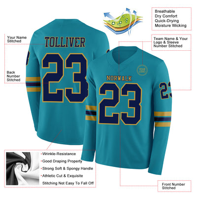 Custom Teal Navy-Old Gold Long Sleeve Authentic Football Jersey