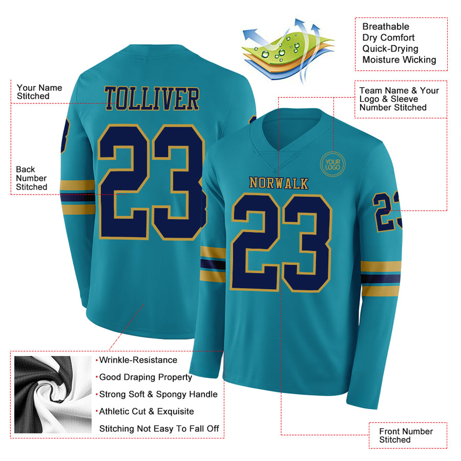 Custom Teal Navy-Old Gold Long Sleeve Authentic Football Jersey