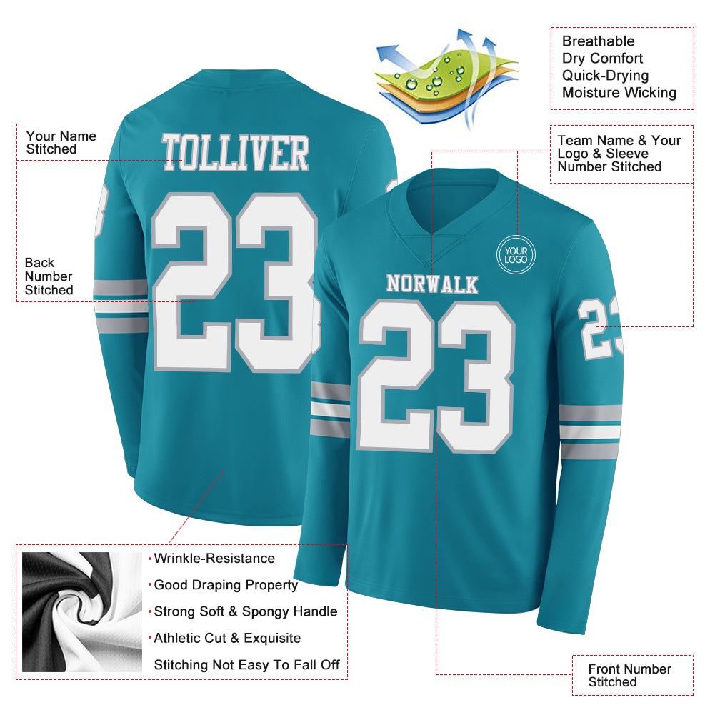 Custom Teal White-Gray Long Sleeve Authentic Football Jersey