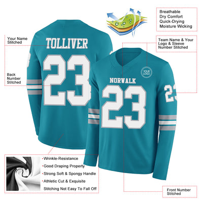 Custom Teal White-Gray Long Sleeve Authentic Football Jersey