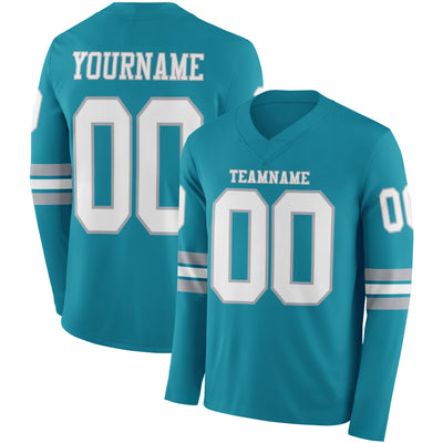 Custom Teal White-Gray Long Sleeve Authentic Football Jersey