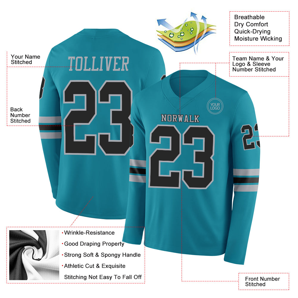 Custom Teal Black-Gray Long Sleeve Authentic Football Jersey