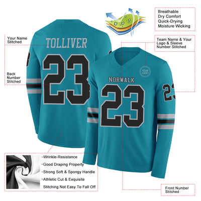 Custom Teal Black-Gray Long Sleeve Authentic Football Jersey