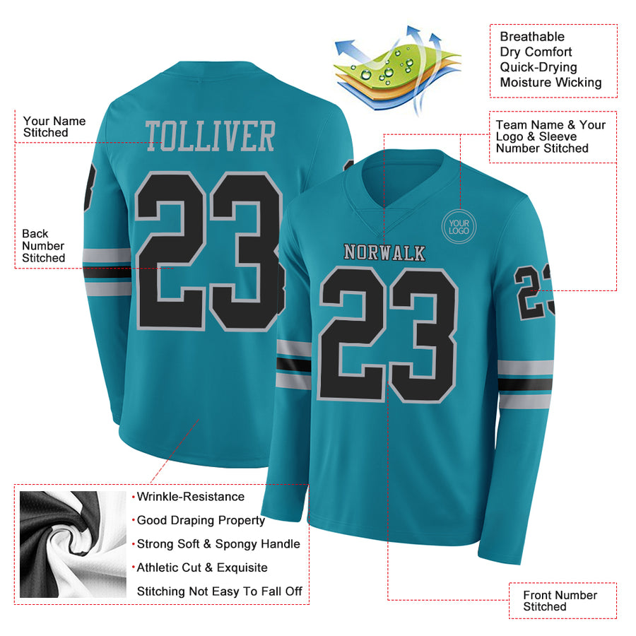 Custom Teal Black-Gray Long Sleeve Authentic Football Jersey