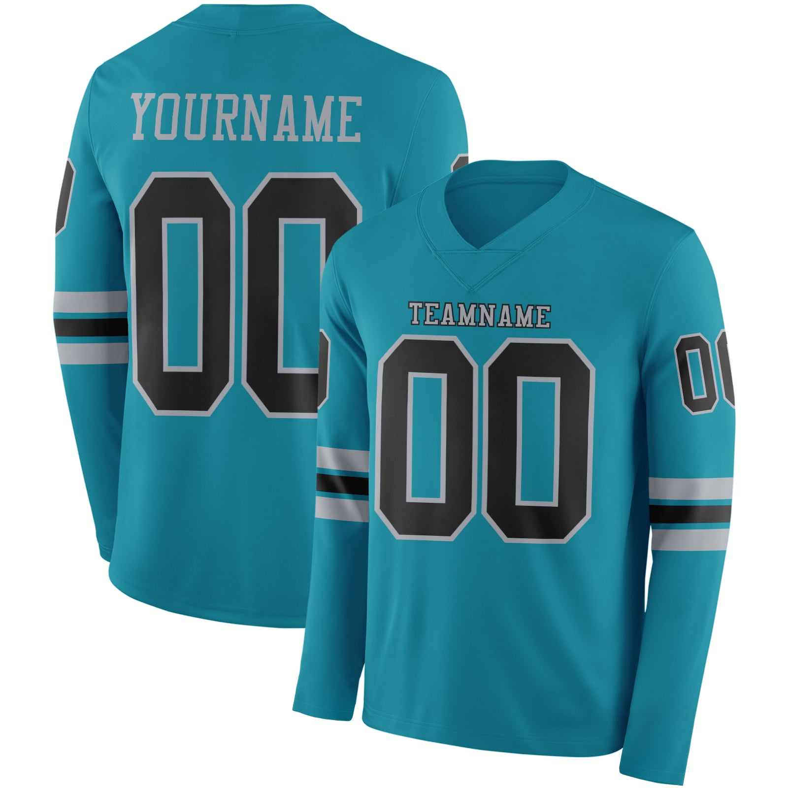 Custom Teal Black-Gray Long Sleeve Authentic Football Jersey