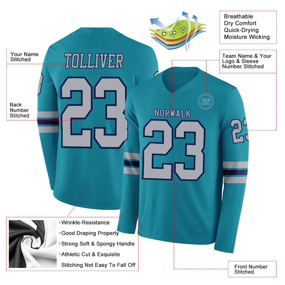 Custom Teal Gray-Navy Long Sleeve Authentic Football Jersey