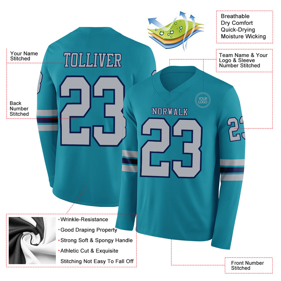 Custom Teal Gray-Navy Long Sleeve Authentic Football Jersey