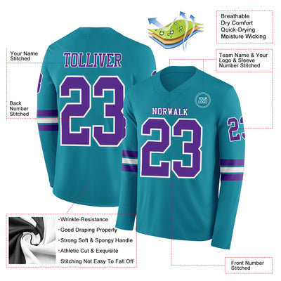 Custom Teal Purple-White Long Sleeve Authentic Football Jersey