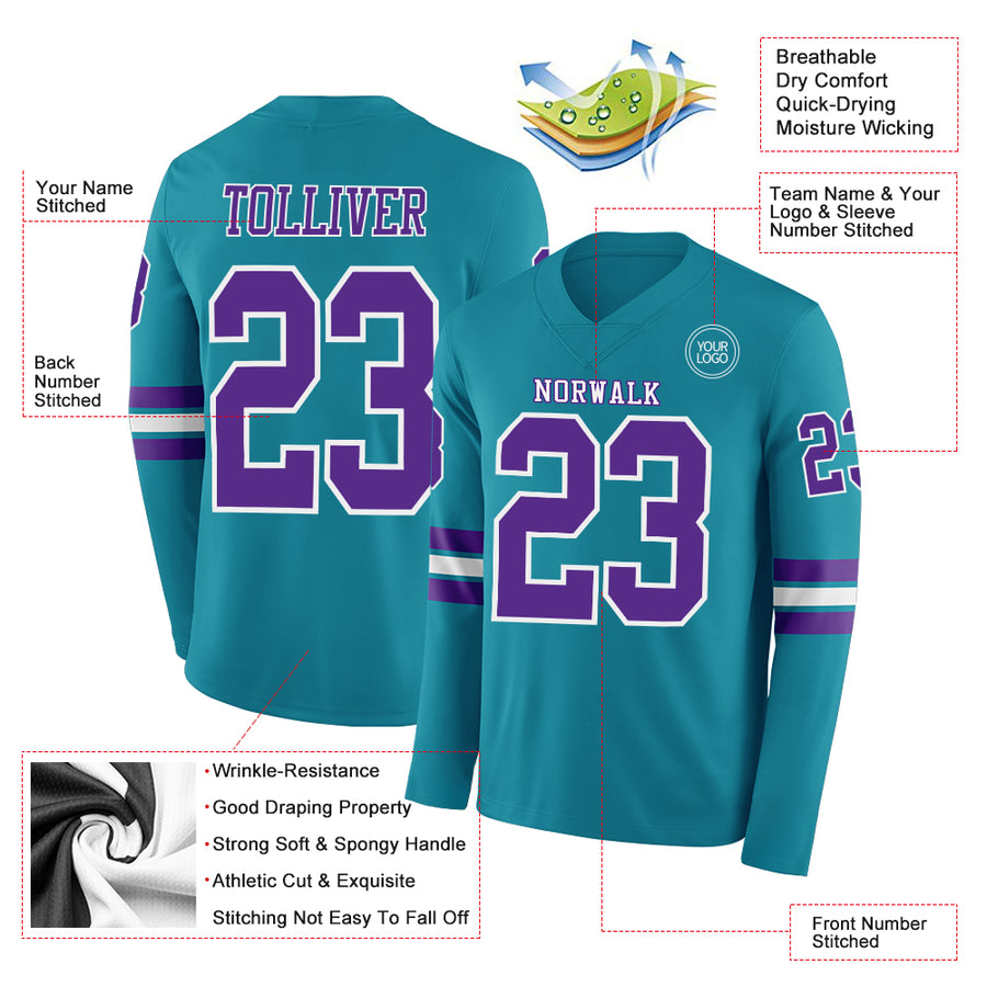 Custom Teal Purple-White Long Sleeve Authentic Football Jersey