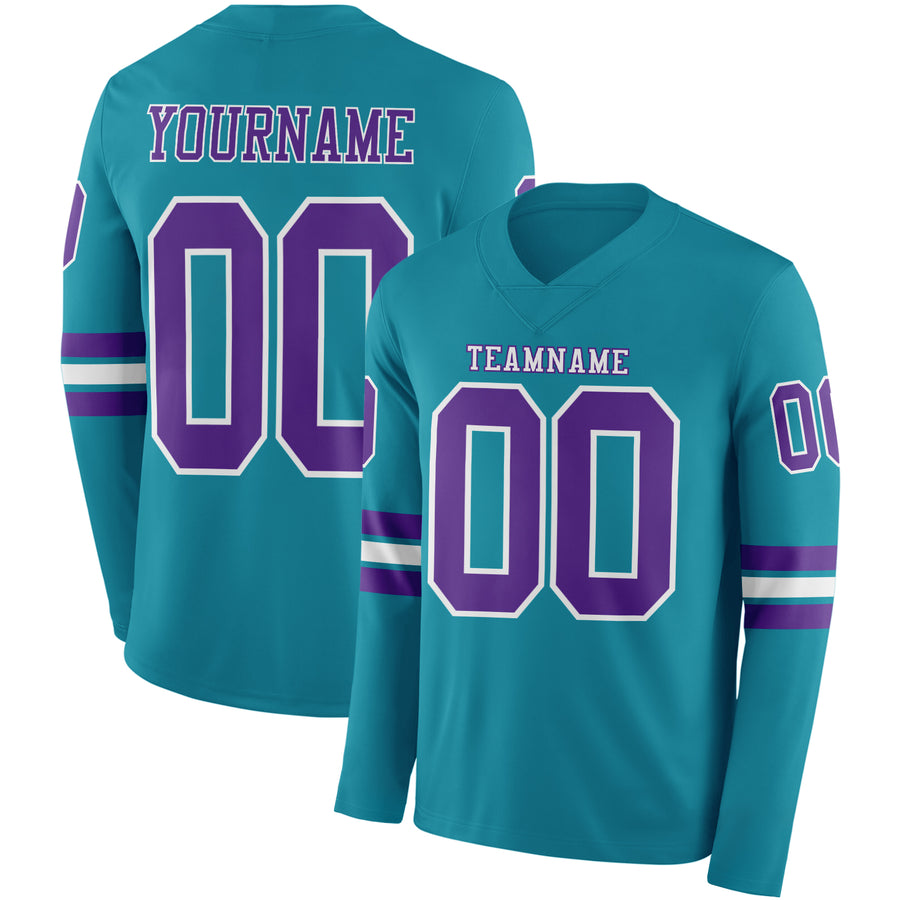 Custom Teal Purple-White Long Sleeve Authentic Football Jersey