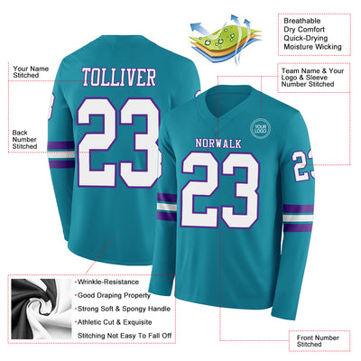 Custom Teal White-Purple Long Sleeve Authentic Football Jersey