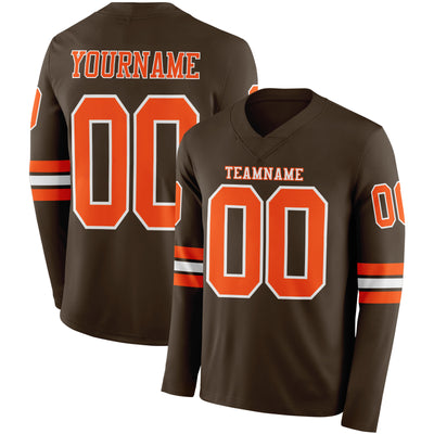 Custom Brwon Orange-White Long Sleeve Authentic Football Jersey
