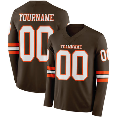 Custom Brwon White-Orange Long Sleeve Authentic Football Jersey