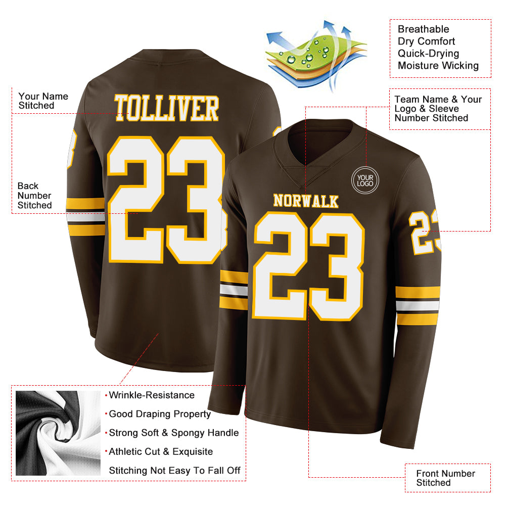 Custom Brwon White-Gold Long Sleeve Authentic Football Jersey