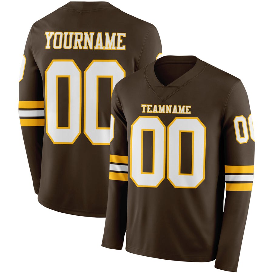Custom Brwon White-Gold Long Sleeve Authentic Football Jersey
