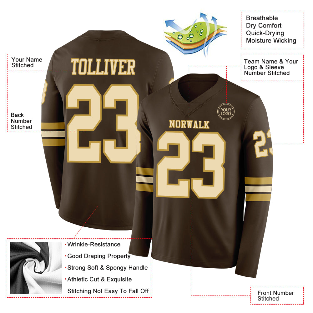Custom Brwon Cream-Old Gold Long Sleeve Authentic Football Jersey