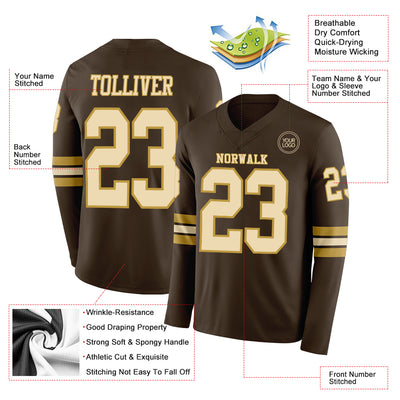 Custom Brwon Cream-Old Gold Long Sleeve Authentic Football Jersey