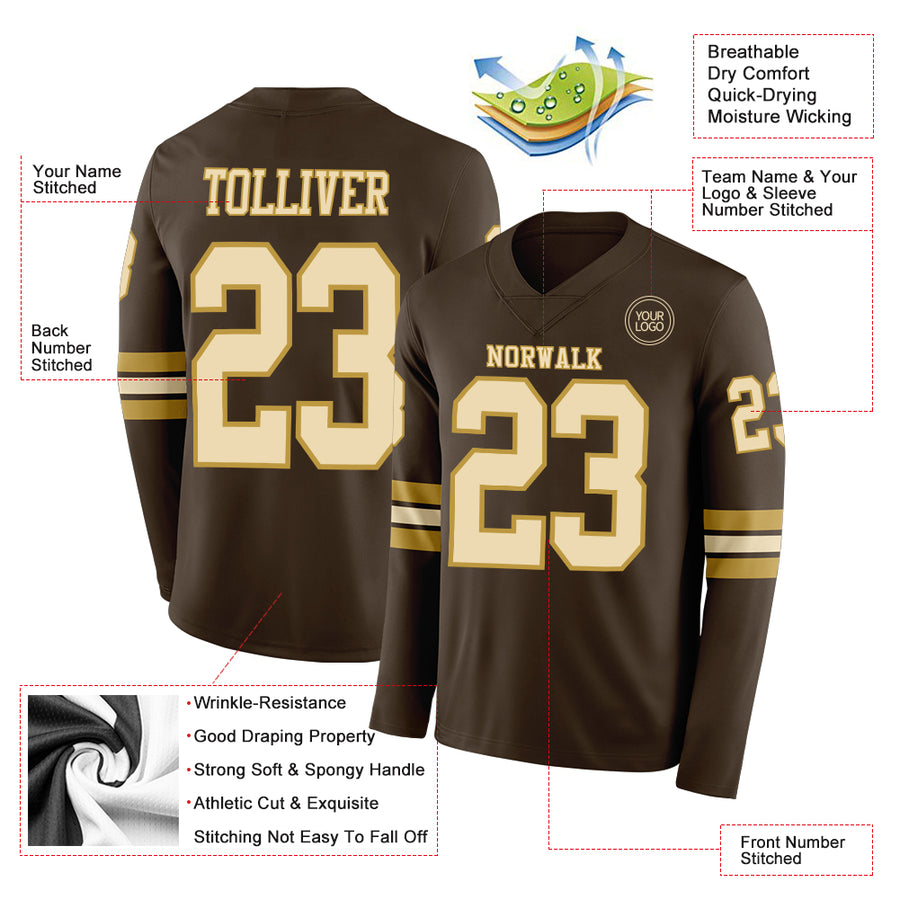 Custom Brwon Cream-Old Gold Long Sleeve Authentic Football Jersey