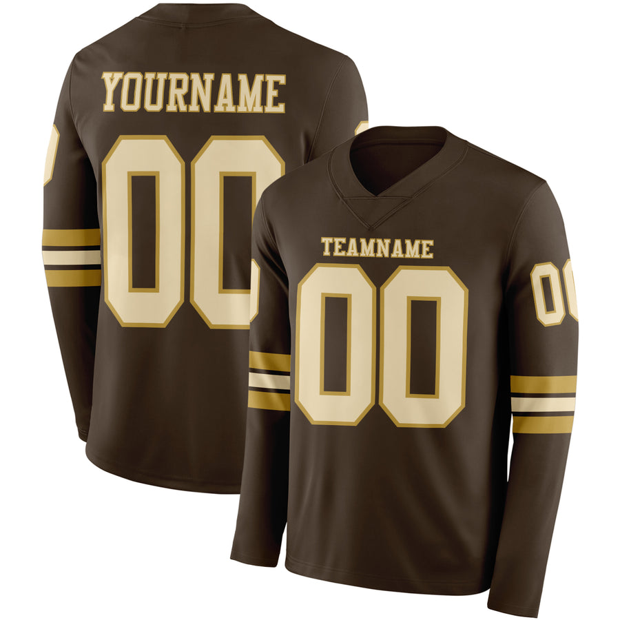 Custom Brwon Cream-Old Gold Long Sleeve Authentic Football Jersey