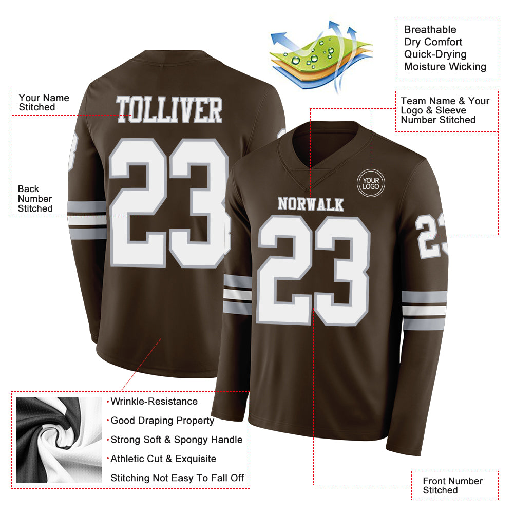 Custom Brwon White-Gray Long Sleeve Authentic Football Jersey