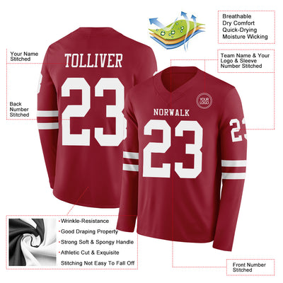 Custom Cardinal White Long Sleeve Authentic Football Jersey