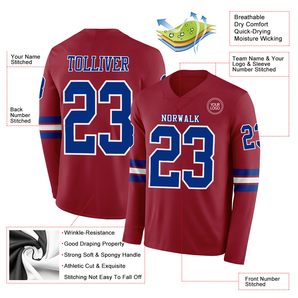 Custom Cardinal Royal-White Long Sleeve Authentic Football Jersey