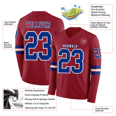 Custom Cardinal Royal-White Long Sleeve Authentic Football Jersey