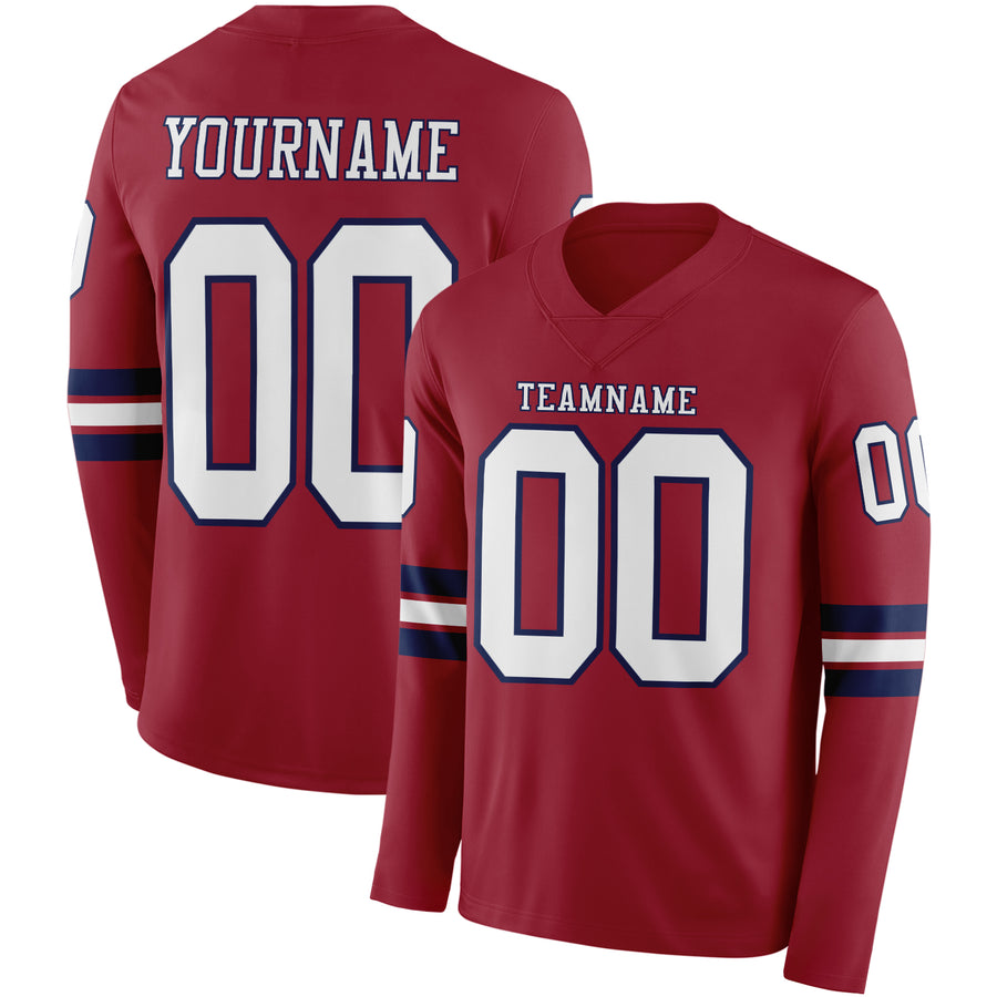 Custom Cardinal White-Navy Long Sleeve Authentic Football Jersey