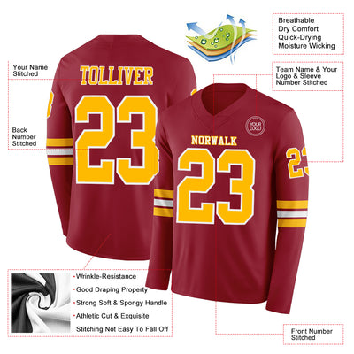 Custom Cardinal Gold-White Long Sleeve Authentic Football Jersey