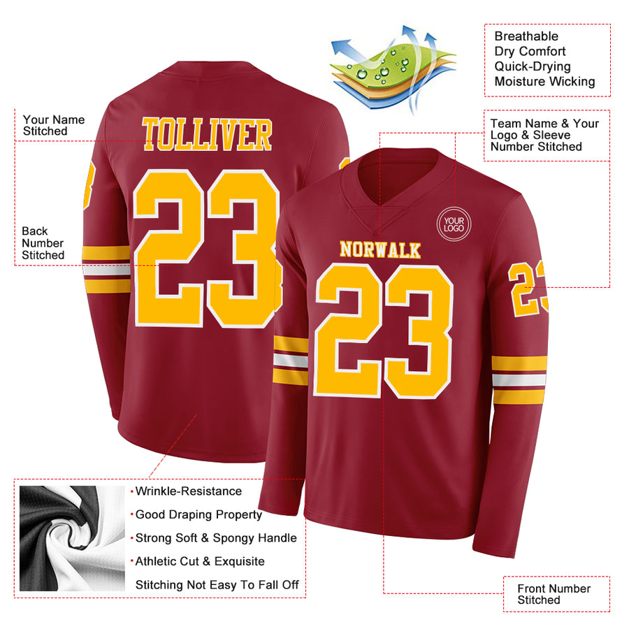 Custom Cardinal Gold-White Long Sleeve Authentic Football Jersey