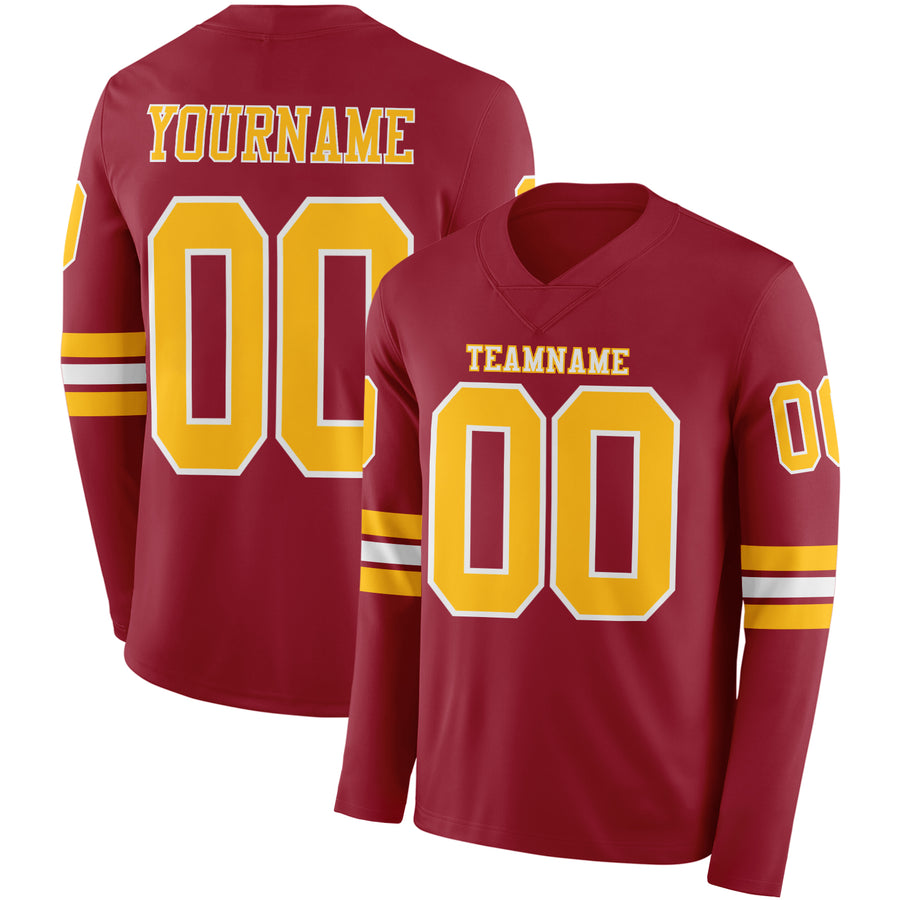 Custom Cardinal Gold-White Long Sleeve Authentic Football Jersey