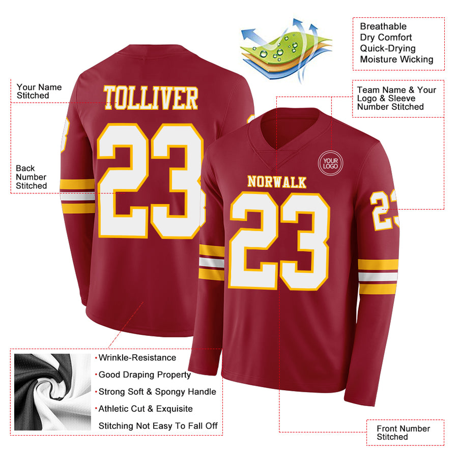 Custom Cardinal White-Gold Long Sleeve Authentic Football Jersey