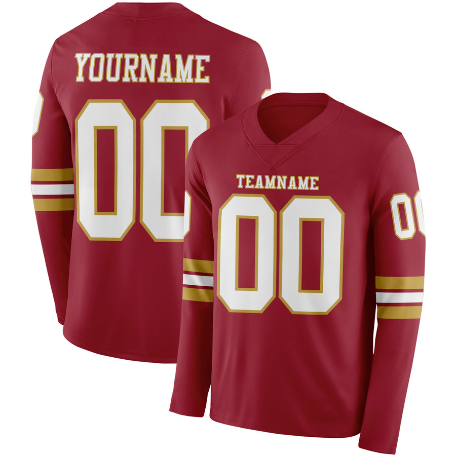 Custom Cardinal White-Old Gold Long Sleeve Authentic Football Jersey