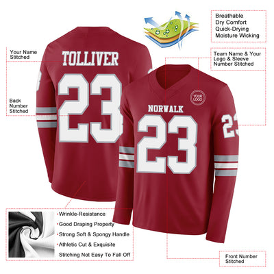Custom Cardinal White-Gray Long Sleeve Authentic Football Jersey